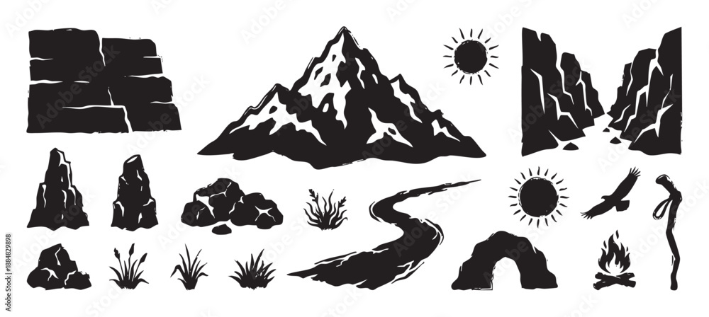 Fototapeta premium Collection of black hand-drawn nature icons featuring a mountain, river, campfire, eagle, and rocks in a rustic, woodcut-style illustration for adventure and hiking themes