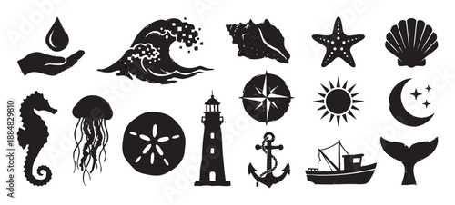 Collection of black nautical sea icons in a rustic stamp style, featuring a lighthouse, anchor, wave, starfish, seahorse, jellyfish, boat, and other marine life symbols