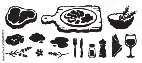 Set of black hand-drawn steak dinner illustrations including meat, wine, cutlery, and herbs in a rustic woodcut style for restaurant menu design
