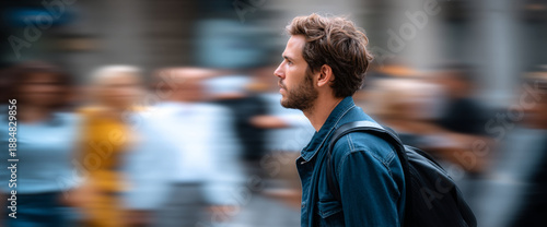 Young man with backpack walking through busy urban street with blurred crowd in background, side profile portrait in casual denim jacket