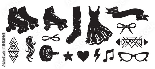 Hand-drawn collection of retro roller derby elements featuring black silhouette skates, a dress, socks, and symbols with a distressed grunge ink stamp style