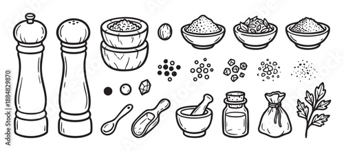 Hand-drawn set of spices and herbs icons including a pepper mill, salt shaker, mortar, pestle, bowls, and various seasonings in a black and white line art doodle style
