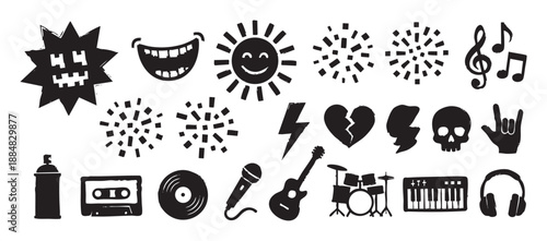 Hand-drawn black silhouette icons in a grunge style featuring rock music and street art elements like a guitar, skull, headphones, and spray can for a rebellious youth culture concept