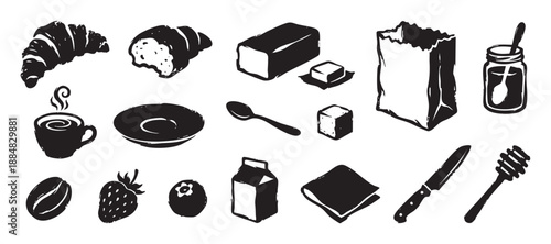 Black and white graphic icon set of breakfast food items including coffee, croissant, berries, butter, and jam in a rustic, hand drawn, linocut vector illustration style