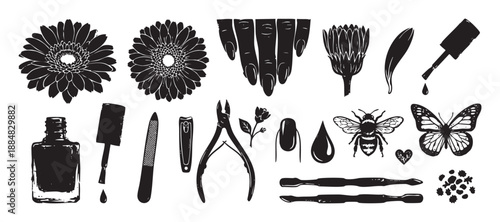 Black and white hand-drawn collection of manicure tools, flowers, and insects in a rustic linocut style with textured details, perfect for beauty and nature themes