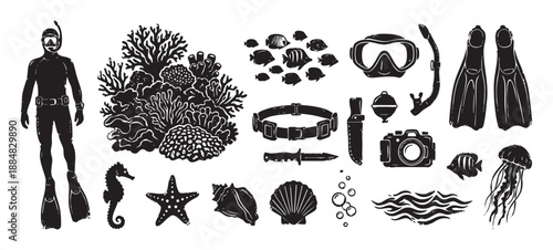 Collection of black scuba diving equipment and sea life icons in a distressed, vintage linocut style, featuring a diver, mask, fins, coral, fish, and jellyfish illustrations