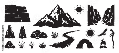 Collection of black hand-drawn nature icons featuring a mountain, river, campfire, eagle, and rocks in a rustic, woodcut-style illustration for adventure and hiking themes