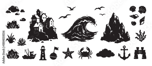 Black silhouette nautical icon set with a rough, hand-drawn texture, featuring a seaside town, large ocean wave, boat, anchor, crab, and other marine elements