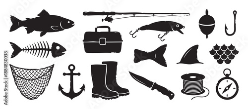 Set of hand-drawn black fishing silhouettes featuring a fish, rod, lure, anchor, boots, and tackle box in a rustic stamp-like illustration style for outdoor hobby concepts