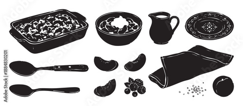 Hand-drawn vector illustration set of dessert ingredients and tableware in a rustic, black and white linocut style, featuring fruit cobbler, berries, cream, and kitchen utensils
