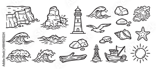 Collection of hand-drawn nautical icons featuring a lighthouse, fishing boat, waves, cliffs, and seagull in a simple black and white line art doodle style for seaside themes