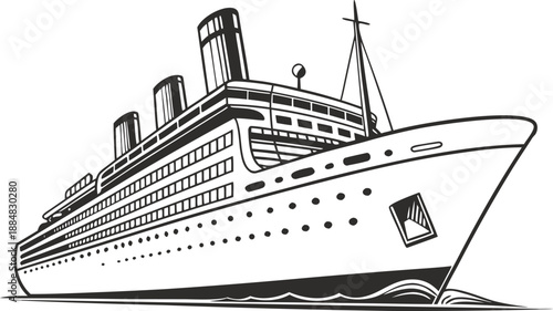 A majestic cruise ship sailing the open ocean, evoking a sense of adventure and travel. The detailed linework showcases the ship's intricate design and structure