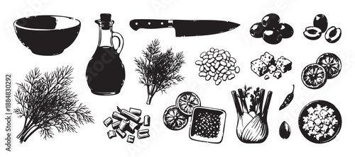 Collection of hand-drawn food ingredients including dill, olives, fennel, and olive oil in a rustic black and white woodcut illustration style for cooking and culinary concepts