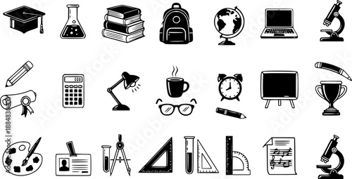 Academic Education Glyph Icons Set: Black and White Vector Symbols of School, University, and Learning Tools  Supplies for Study.