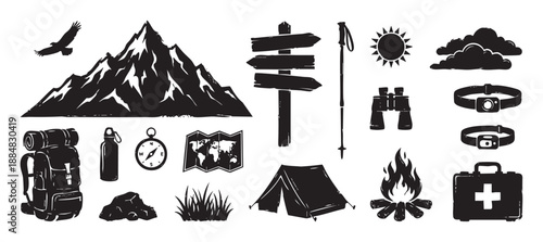 Set of black hiking and camping icons in a rugged hand-drawn woodcut style, featuring a mountain, backpack, tent, compass, campfire, map, and other adventure gear