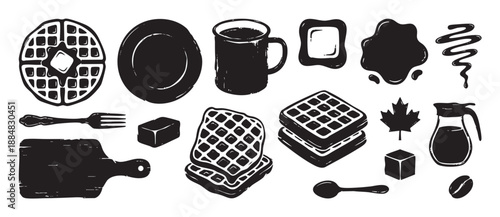 Hand-drawn breakfast food icon set with waffles, coffee, syrup, and utensils in a rustic, woodcut-inspired graphic style for culinary or cafe-themed designs