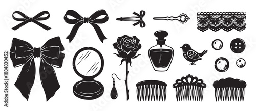 Collection of black hand-drawn feminine accessories including bows, a rose, perfume, a mirror, and lace in a vintage, textured stamp style illustration set