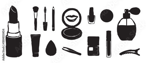 Collection of black hand-drawn makeup and cosmetic product silhouettes including lipstick, mascara, perfume, and nail polish in an artistic brush stroke illustration set