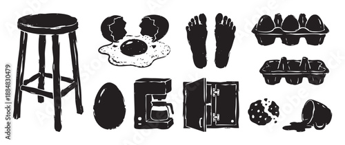 Set of black hand-drawn household icons in a rustic woodcut style, featuring a stool, fried egg, coffee maker, footprints, and other kitchen items for a morning routine