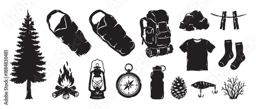 Collection of black camping and hiking equipment icons including a backpack, sleeping bag, compass, and campfire in a hand-drawn linocut style illustration set
