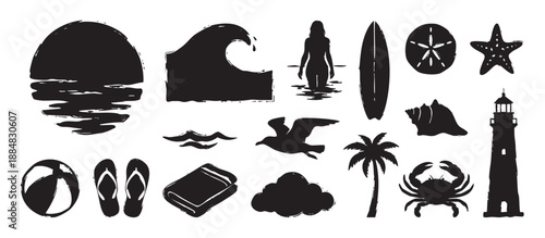 Collection of black beach-themed silhouettes including a wave, sun, palm tree, lighthouse, and surfboard in a grunge, hand-drawn stamp style for summer vacation concepts