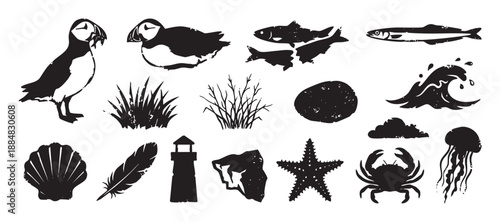 Collection of black coastal themed icons featuring a puffin, crab, lighthouse, fish, and seashell in a distressed, stamp-like graphic style for nautical design
