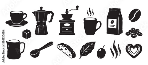 Collection of black coffee themed illustrations in a rustic hand-drawn linocut style, featuring a moka pot, grinder, beans, cup, latte art, and other cafe elements