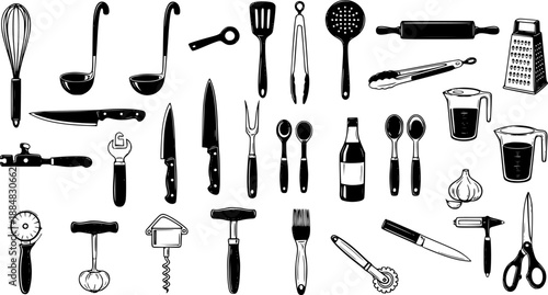 Food Industry Kitchen Tools and Cooking Utensils Black and White Line Art Vector Set