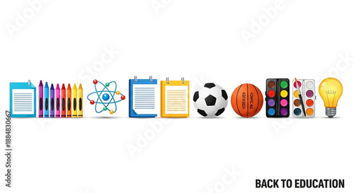 Back to school colorful educational icons and objects arranged horizontally on for back to school or education concepts