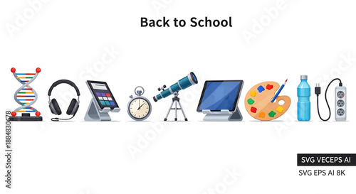 Back to school back to school icons set including dna double helix headphones smartphone clock telescope laptop paint palette water bottle and more