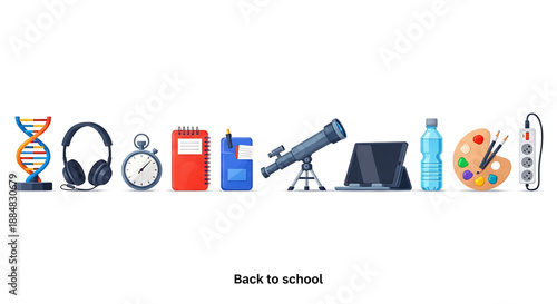 Back to school back to school icons set with dna model headphones clock calendar laptop and other colorful objects