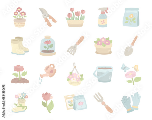 Gardening cultivation set in scandinavian style featuring essential planting tools flowers pots soil watering accessories thoughtful garden care seasonal elements