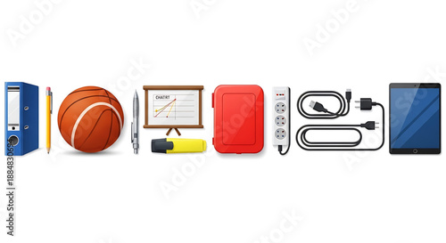 Back to school a collection of various everyday objects including a computer tower, basketball, monitor, highlighter, portable charger, remote control, cables, and a tablet