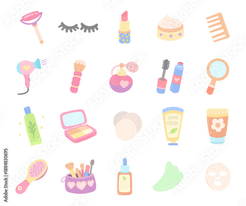 Women cosmetic set in scandinavian style beauty care showing makeup skincare hair accessories daily routine items practices designed for personal grooming