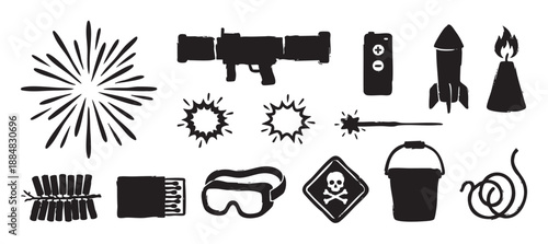 Collection of black pyrotechnic and firework icons in a hand-drawn grunge style showing rockets, firecrackers, safety equipment, and explosions for celebration and danger concepts