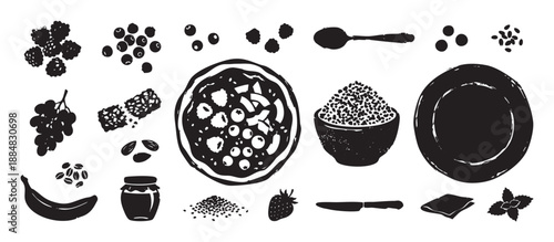 Black and white hand-drawn collection of healthy breakfast food items including granola, berries, fruit, nuts, and grains in a rustic, stamp-like linocut illustration style