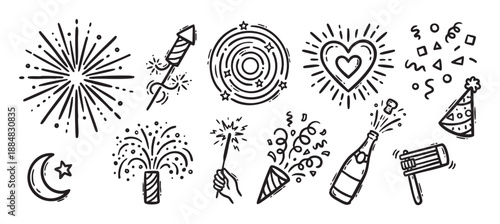 Set of hand-drawn celebration doodle icons featuring fireworks, a party popper, a champagne bottle, and a festive hat in a simple black and white line art illustration style