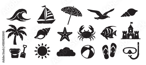 Collection of black beach vacation icons featuring a sailboat, palm tree, sandcastle, crab, and other summer holiday symbols in a simple graphic stamp style illustration