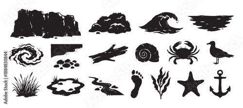 Set of black textured sea life and coastal nature silhouettes in a hand-drawn stamp style, featuring a wave, crab, anchor, shell, seagull, and other beach elements