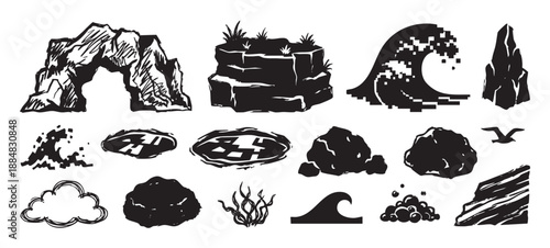 Set of various black ink nature elements including a rock arch, pixelated ocean wave, seafoam, and a flying bird, illustrated in a rough, grunge, woodcut artistic style
