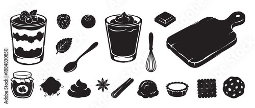 Collection of black dessert and baking icons in a hand-drawn rustic linocut style, featuring parfait, berries, chocolate, spices, cookies, and kitchen utensils