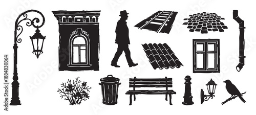 Collection of black urban street icons in a rough linocut style, featuring a vintage lamppost, walking man, park bench, building window, and various city life elements