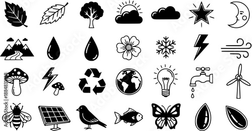 Black and White Line Art Nature, Ecology, Weather, and Energy Icons. Collection of Environmental Glyph and Outline Symbols for Green Concepts.