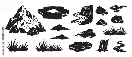 Set of black nature landscape elements including mountains, rocks, rivers, clouds, and grass in a hand-drawn graphic style for creating custom outdoor scenes and illustrations
