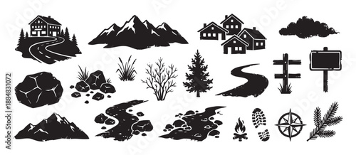 Collection of black rustic nature icons with a distressed grunge texture, featuring mountains, houses, trees, a river, and hiking elements like a campfire and compass