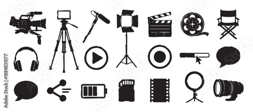 Collection of video production and vlogging icons in a black silhouette style, showing a camera, tripod, studio light, film reel, and other essential filmmaking equipment