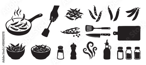 Collection of black silhouette cooking illustrations featuring green peas, a steaming frying pan, kitchen utensils, a cutting board, bowls, and various spice containers