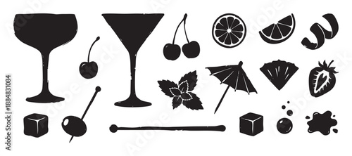 Collection of hand-drawn black cocktail ingredient icons showing various glasses, fruit garnishes, ice cubes, and bar accessories in a rustic block print style