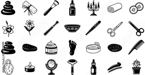 Spa and Beauty Black and White Glyph Icon Set - Wellness, Relaxation, and Personal Care Essentials Collection