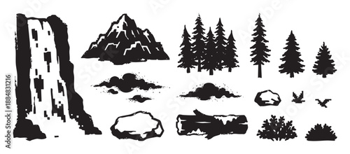 Set of black hand-drawn nature elements in a rustic stamp style, featuring a pixelated waterfall, mountain, pine trees, rocks, and a log for outdoor adventure themes